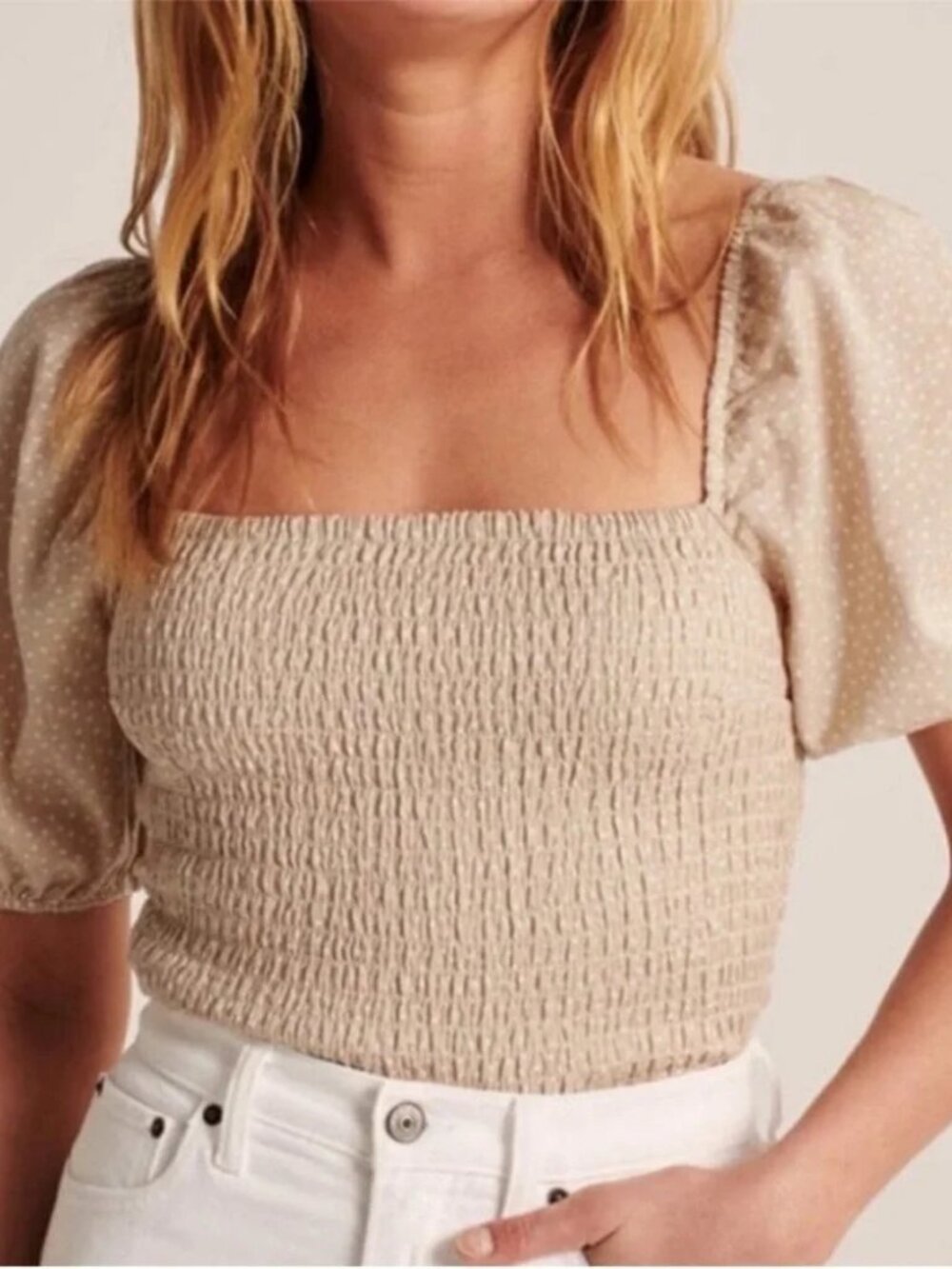 Abercrombie & Fitch Tan Cream Dot Print Smocked Puff Sleeve Top‎